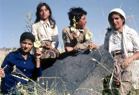 Kurdish girls by rock with carvings